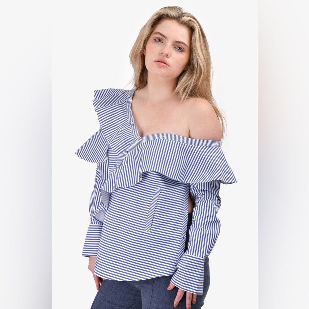 SELF-PORTRAIT BLUE/WHITE STRIPPED RUFFLE COLD SHOULDER BLOUSE